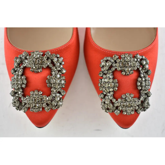Manolo Blahnik Hangisi 105 Rosso Red Satin Crystal Jewel Buckle Heel Pump 36.5 - Picture 7 of 12